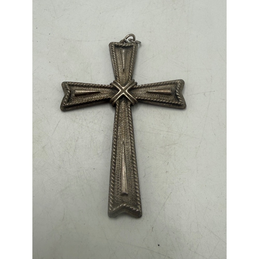 Vintage Silver Tone Ornate Rope Texture Flared Cross Pendant 3.25 Inch